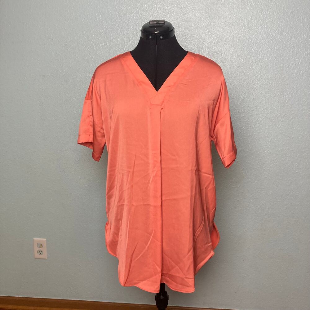 S Lysse Orange Blouse Top Short Sleeve lightweight v neck flattering hem